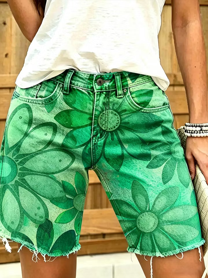 Rainbow Tie Dye Daisy Floral Raw Hem Denim Shorts