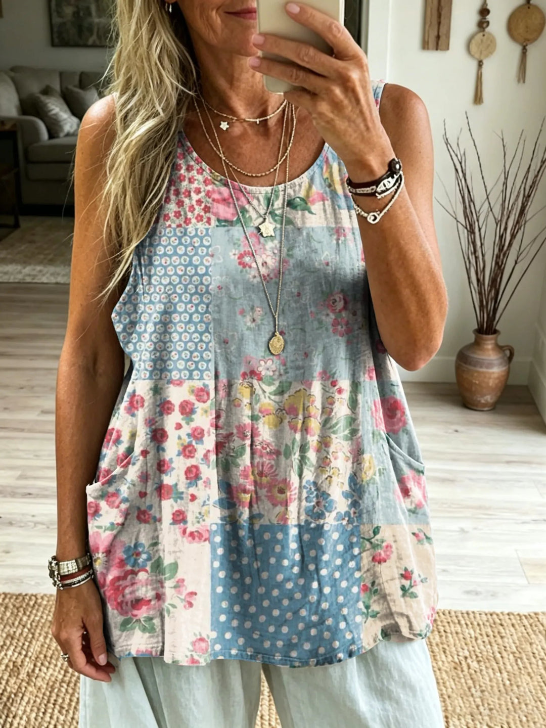 Women's Vintage Patchwork Floral & Polka Dot Print Sleeveless Tank Top