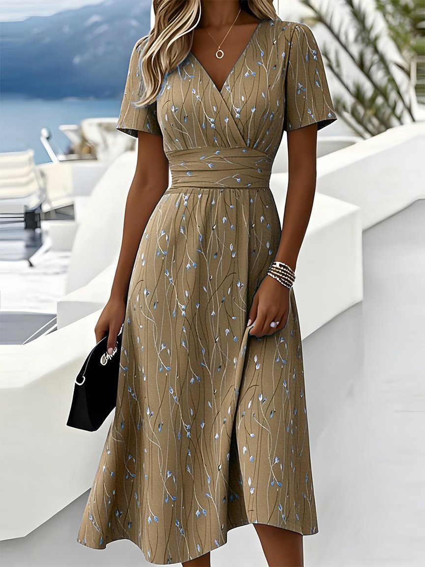 Elegant Leaf Print Short Sleeve Beach Dress