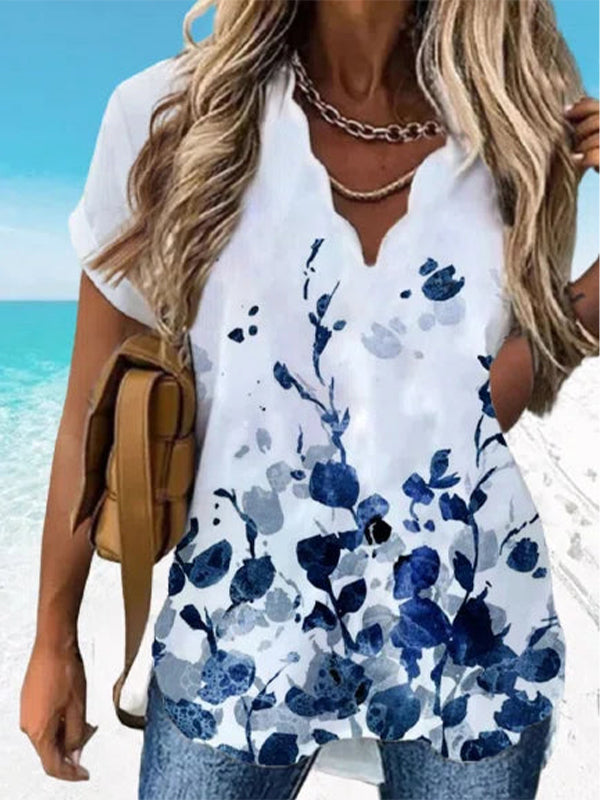 Comfysol Blue Casual V-neck Short Sleeve Floral Printed Blouse