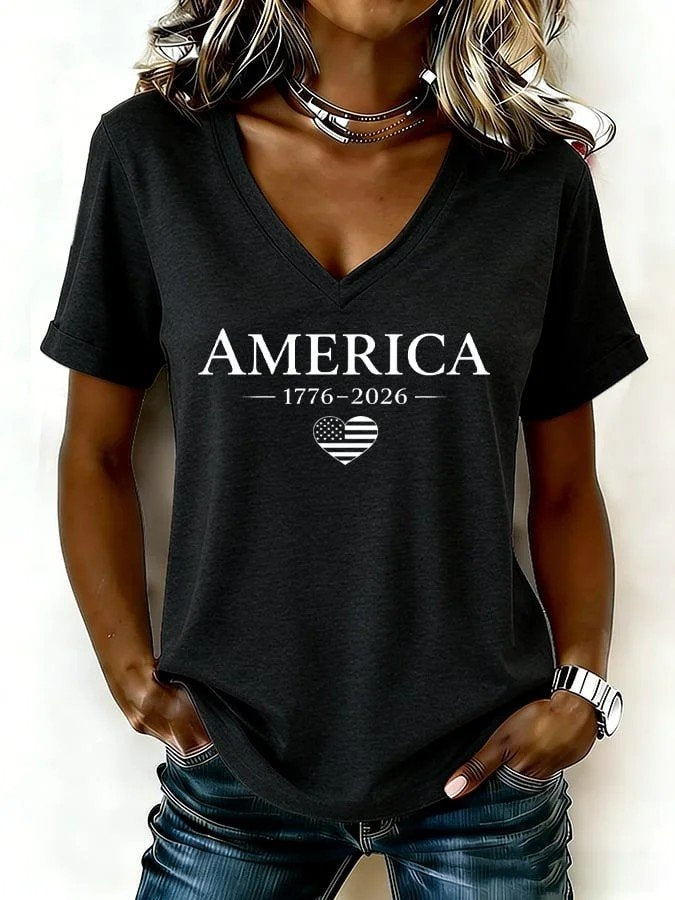 Women Letter Pattern Short Sleeve Tee T-shirt V Neck Elegant Summer Top
