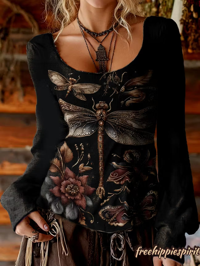 Women's Black Dragonfly Printed Cotton and Linen Round Neck Top