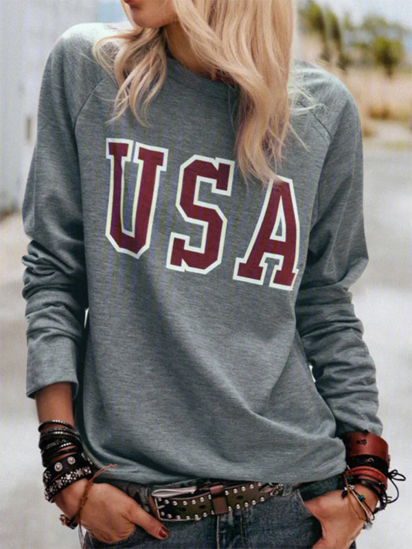 Comfysol Gray Casual Graphic Tops Round Neck Long Sleeve Alphabet Printed Sweatshirts