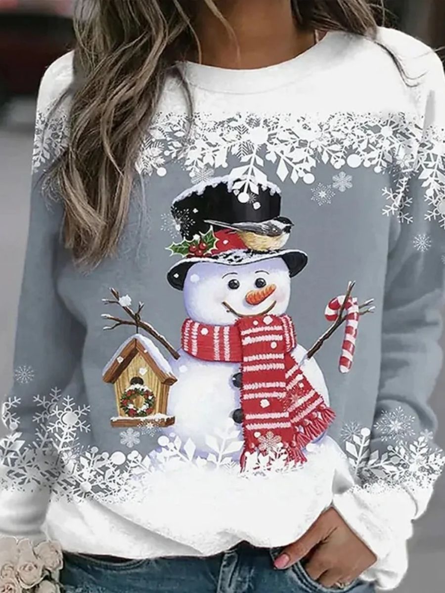 Comfysol Grey Casual Graphic Tops Round Neck Snowman Printed Long Sleeve Xmas Sweatshirts