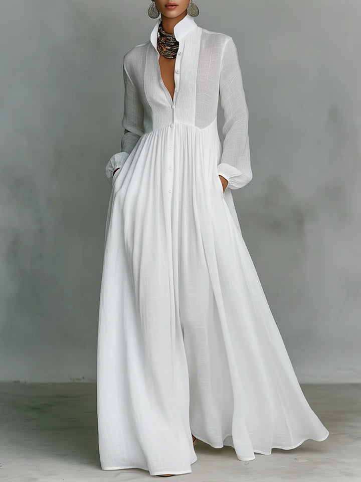 Women's Minimalist Cotton And Linen Patchwork Single-breasted Stand-up Collar Long-sleeved Maxi Dress MDA0658K6Y