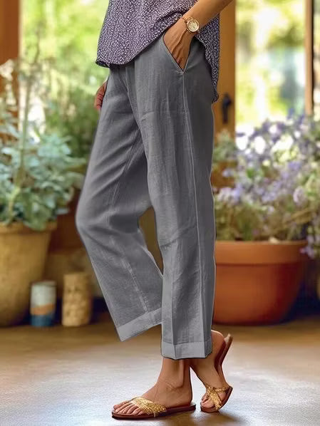 Solid Linen Blend Straight Leg High Waist Casual Pants
