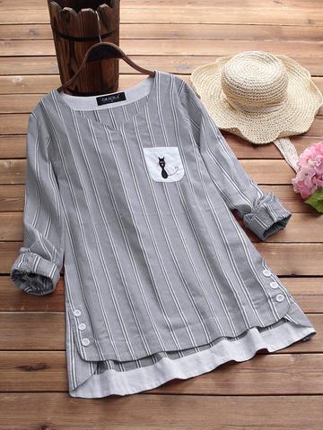Comfysol Side Buttons Stripe Cat Embroidered Patchwork Vintage Blouse