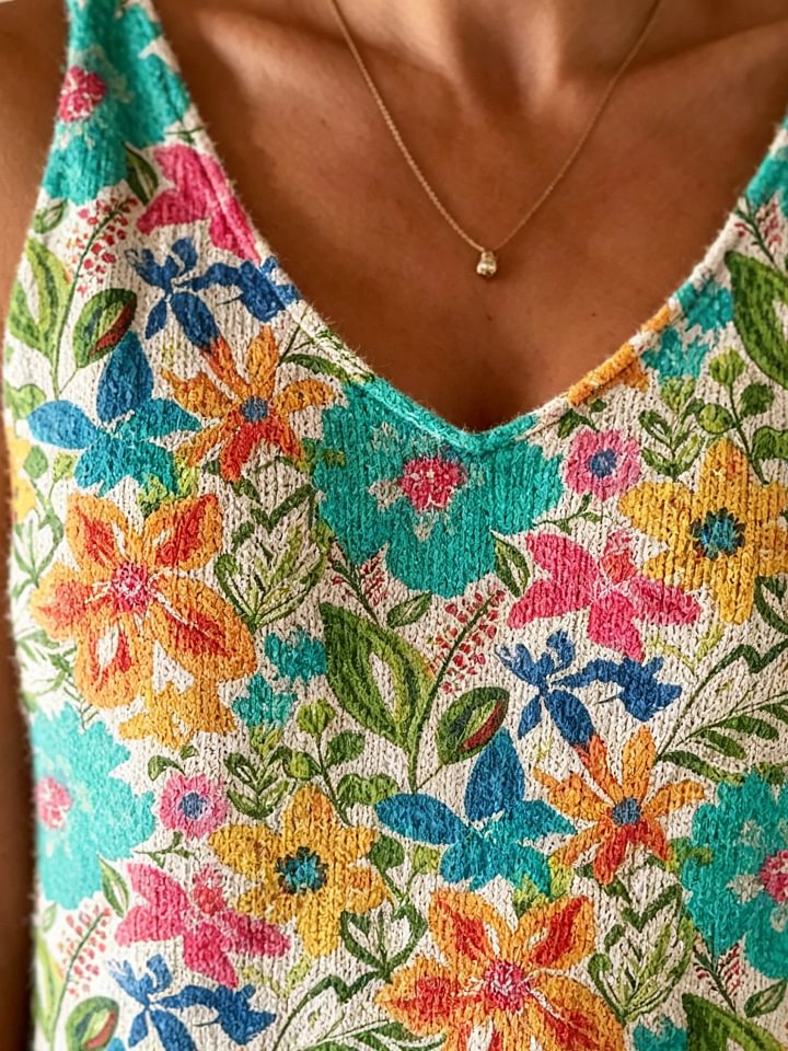 Women's Colorful Floral Art Print Casual Sleeveless V-neck Wool Blend Knit Top