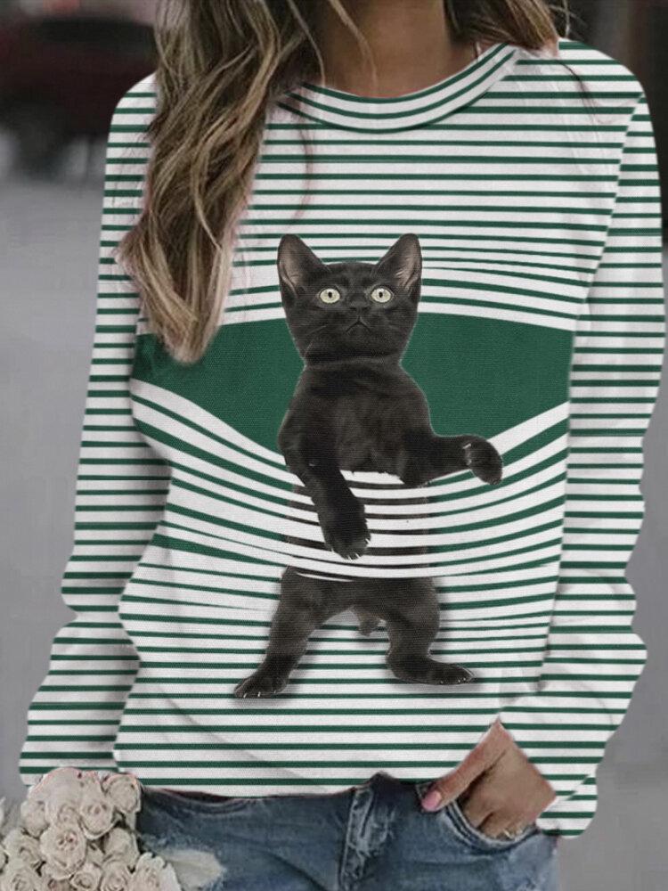 Comfysol Cartoon Cat Print Striped O-neck Long Sleeve Sweatshirt