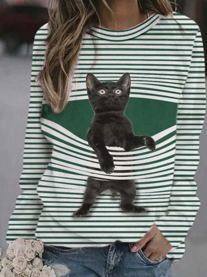 Comfysol Cartoon Cat Print Striped O-neck Long Sleeve Sweatshirt