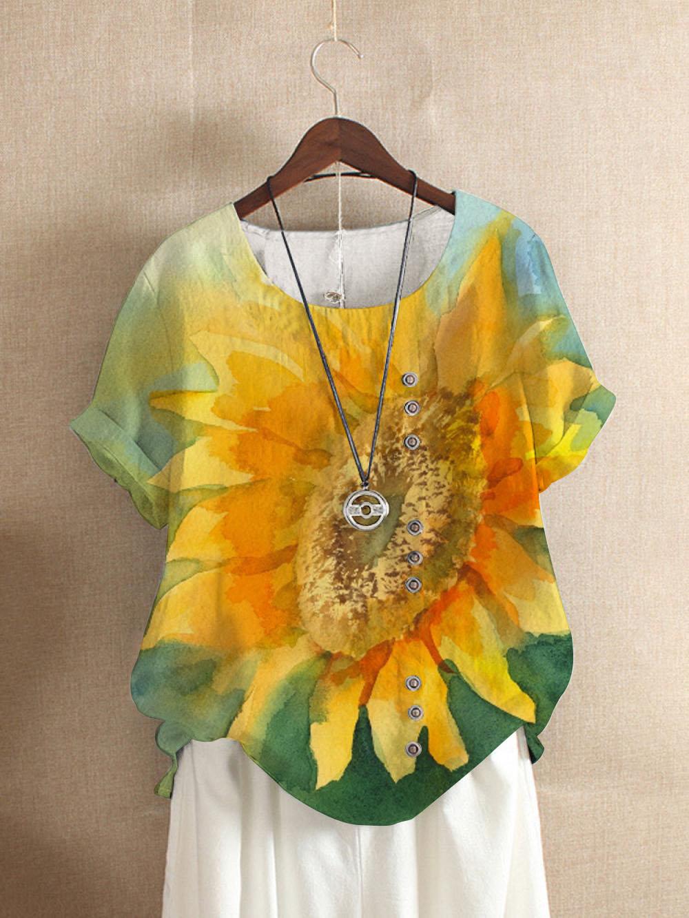 Comfysol Solid Color Short Sleeve Button Summer Blouse