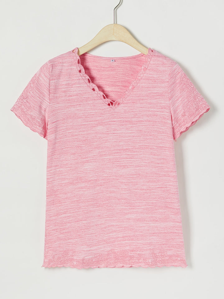 Comfysol Casual Solid Embroidery V-neck Short Sleeve T-shirt