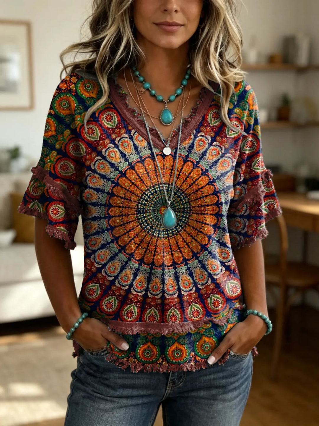 Women's Vintage Mandala Print Artistic V-neck Frayed-edge Short-sleeve Top
