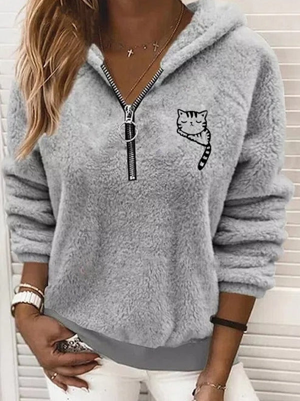 Comfysol Gray Casual Graphic Tops Long Sleeve Cat Printed with Zipper Hoodies