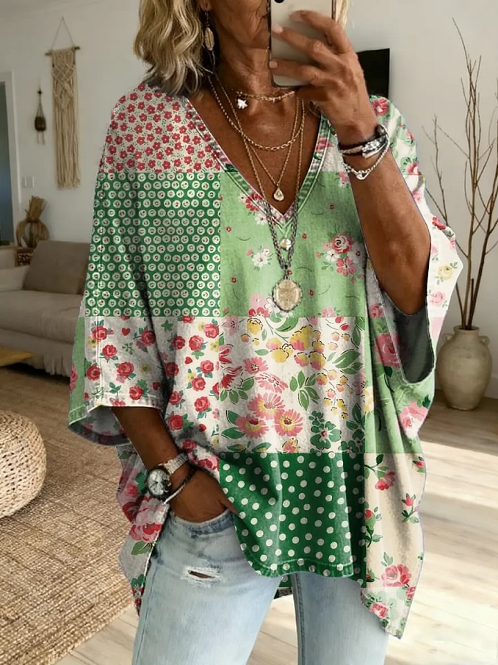 Women's Vintage-Style Spliced Floral Art Print Casual Washed Cotton Denim Top