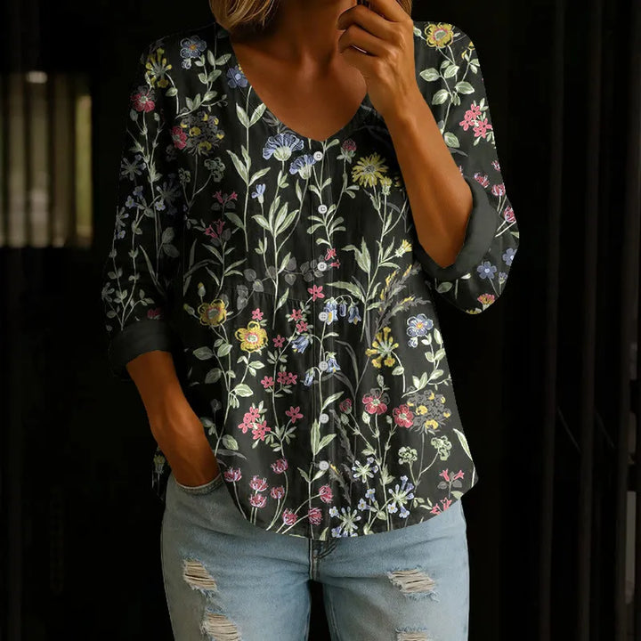 PASTORAL WATERCOLOR FLOWERS AND PLANTS PRINT BUTTON V-NECK A-LINE LONG SLEEVE BLOUSE