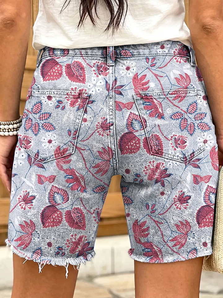 Women's Art Print Casual Denim Shorts with Ethnic Totem Floral Designs