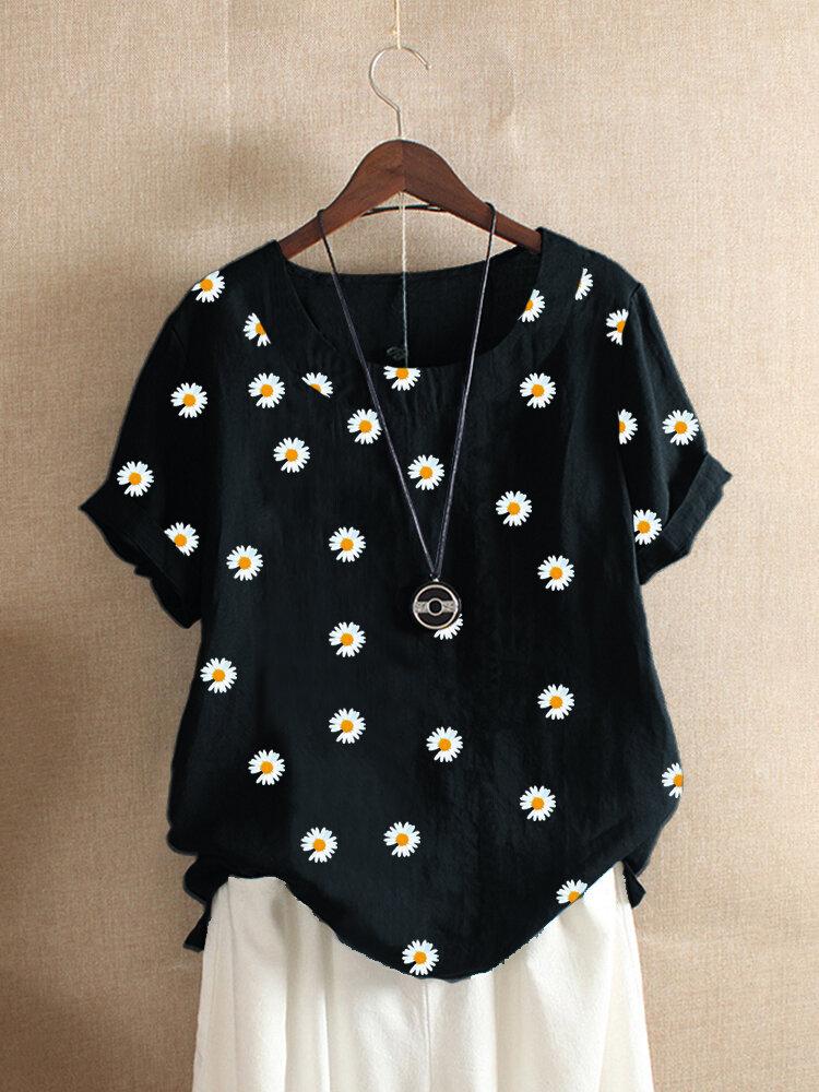 Comfysol Daisy Floral Print Short Sleeve O-neck Blouse