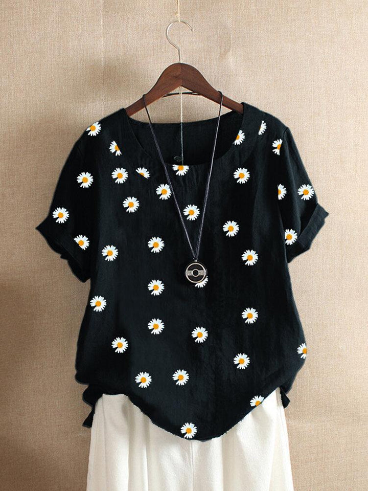 Comfysol Daisy Floral Print Short Sleeve O-neck Blouse