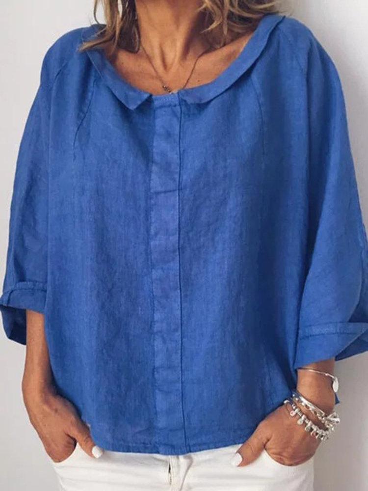 Comfysol Lapel Solid Color Loose Three Quarter Sleeve Casual Blouse