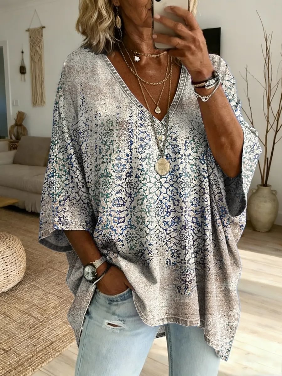 Women's Retro Ethnic Floral Art Print Casual Loose Washed Cotton Denim Top