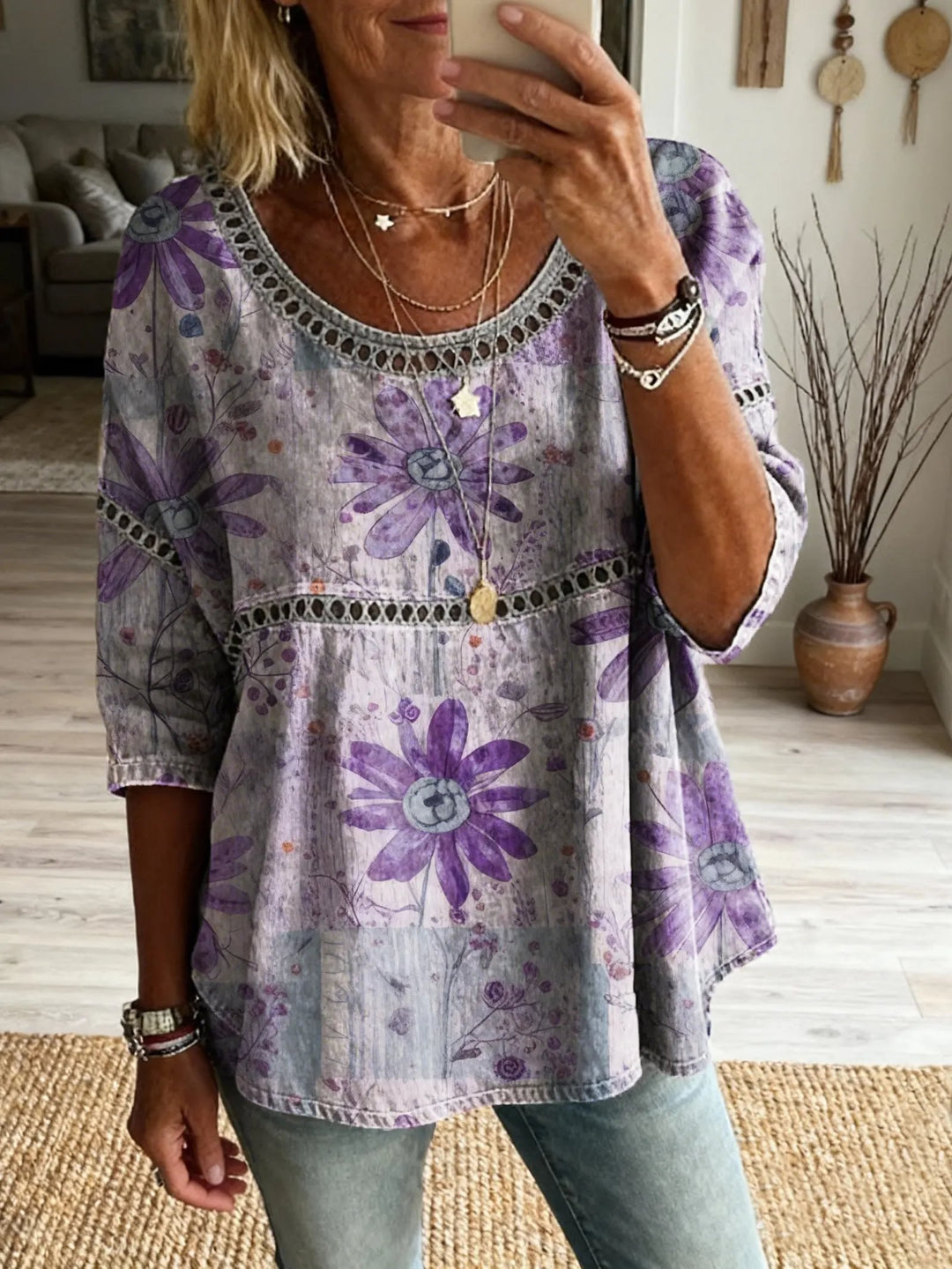 Women's Bohemian Vintage Floral Art Print Casual Round Neck Cutout Top