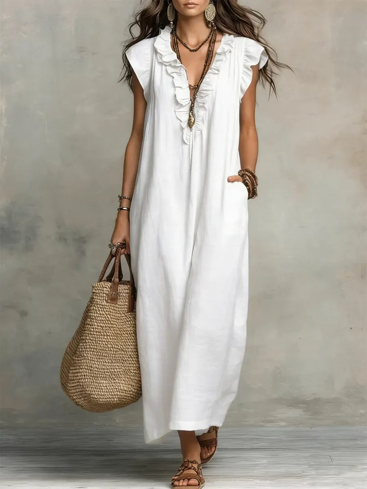 Elegant Ruffled Cotton Linen Dress – Casual Loose Fit Midi Dress