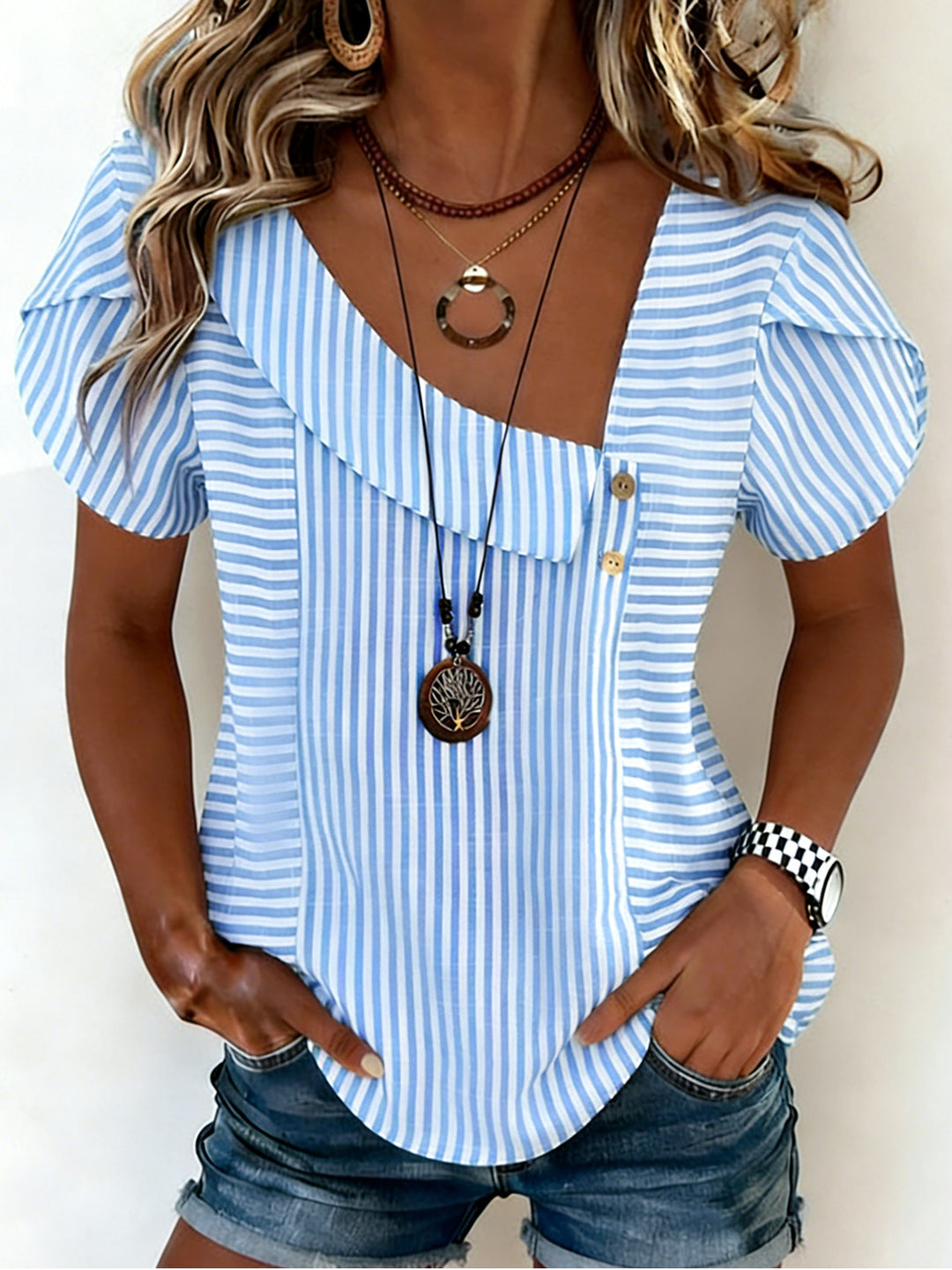 Women Striped Short Sleeve Tee T-shirt Casual Summer Top