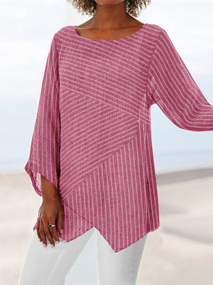 Comfysol Crew Neck Long Sleeve Paneled Vacation Blouse
