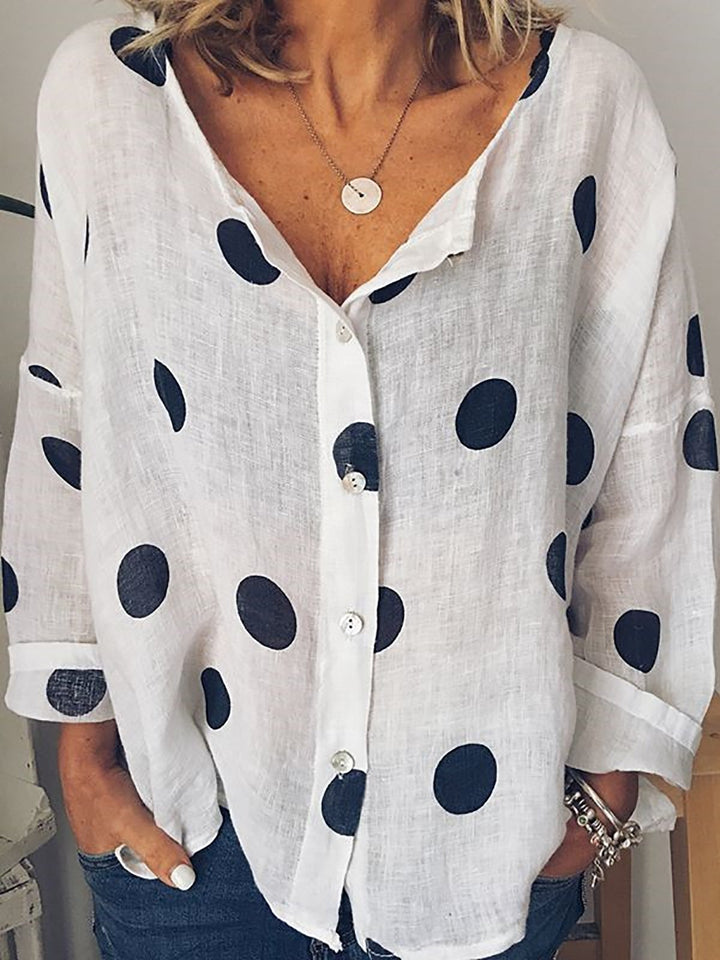 Comfysol Polka Dot Print Buttoned Long Sleeve Casual Blouse