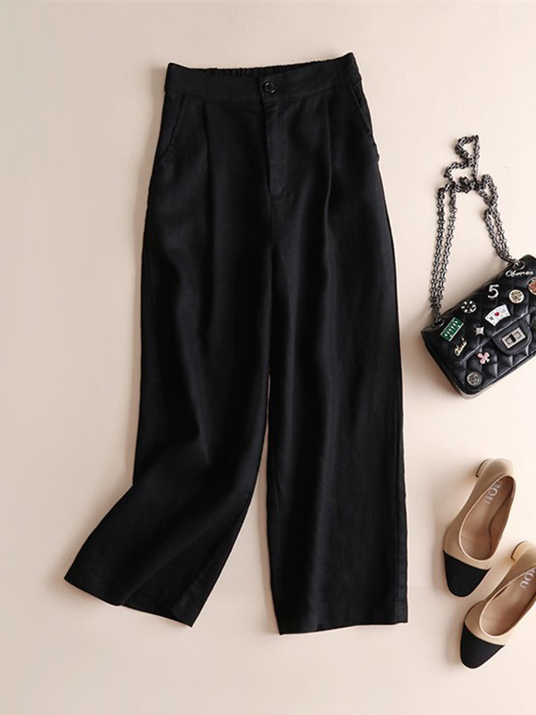 Comfysol Solid Pockets Elastic Cotton Casual Straight Pants