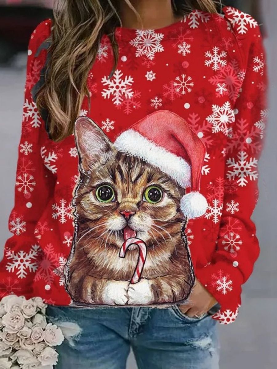 Comfysol Red Casual Graphic Tops Round Neck Cat Printed Long Sleeve Xmas Sweatshirts
