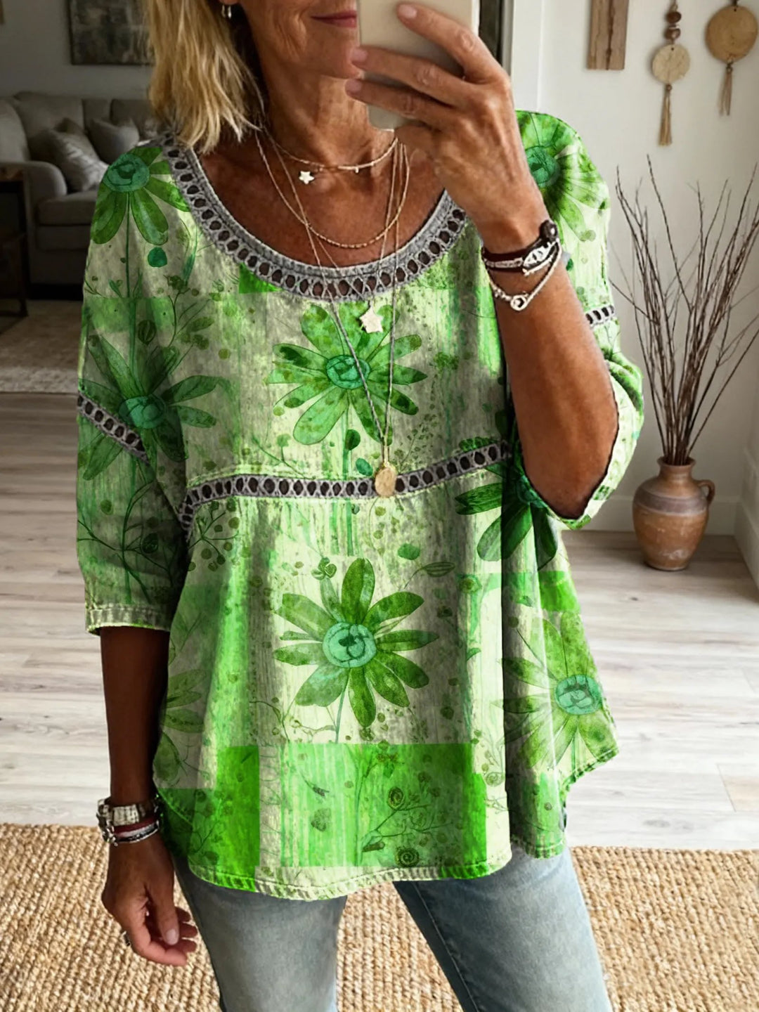 Women's Bohemian Vintage Floral Art Print Casual Round Neck Cutout Top
