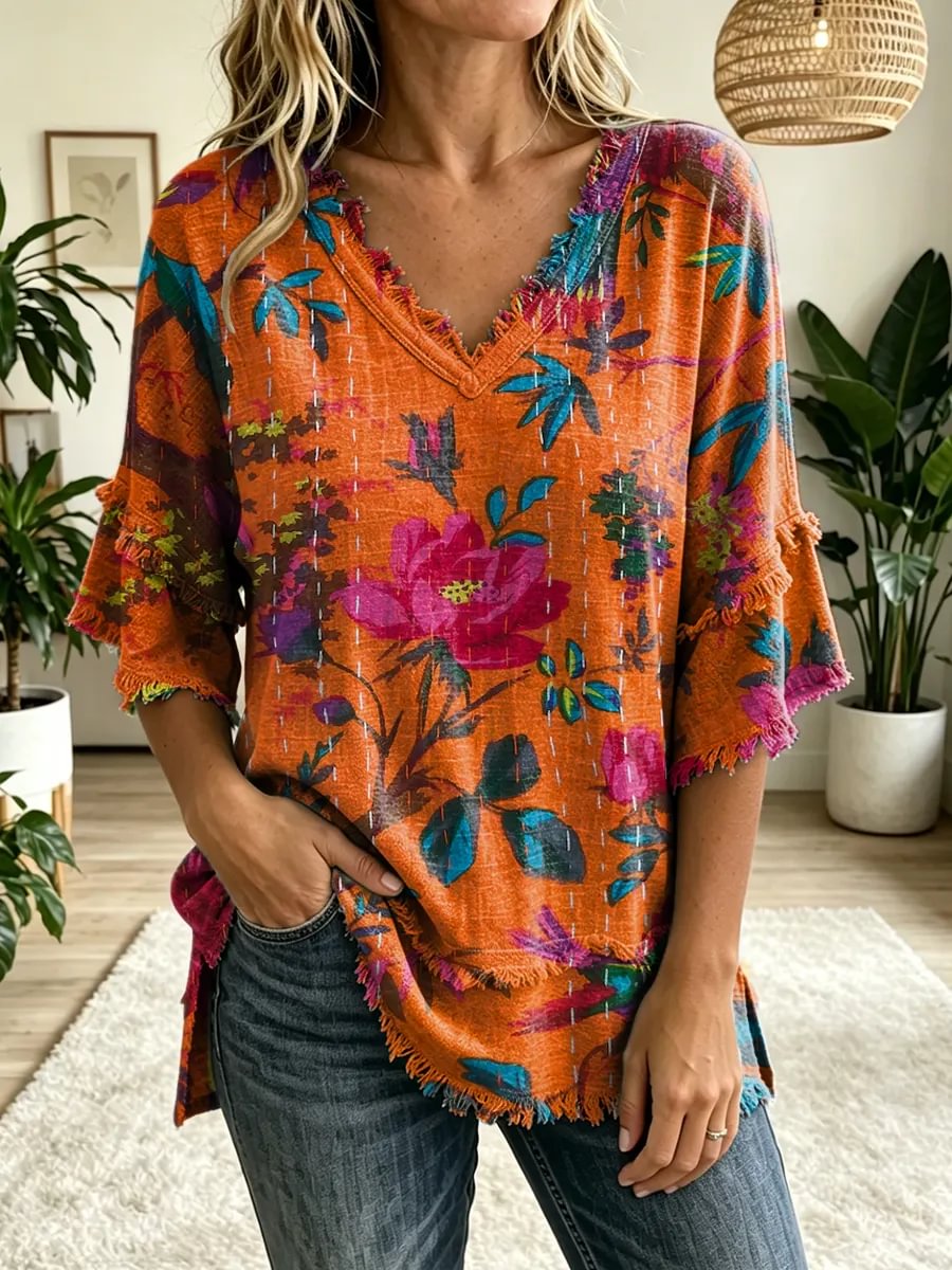 Women's Folk Floral Art Print V-Neck Tassels Cotton Top