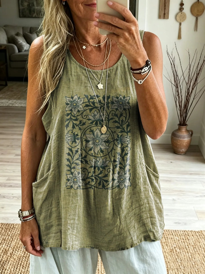 Women's Washed Vintage Floral Vine Print Casual Tank Top