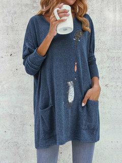 Comfysol Cartoon Cat Print Pockets Long Sleeve Loose Blouse