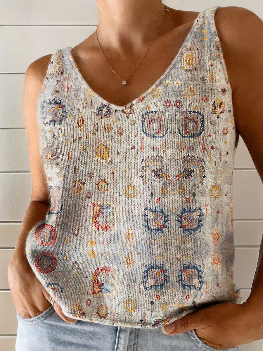 Women's Vintage Ethnic Tattoo Pattern Art Print Casual V-Neck Knit Camisole Top