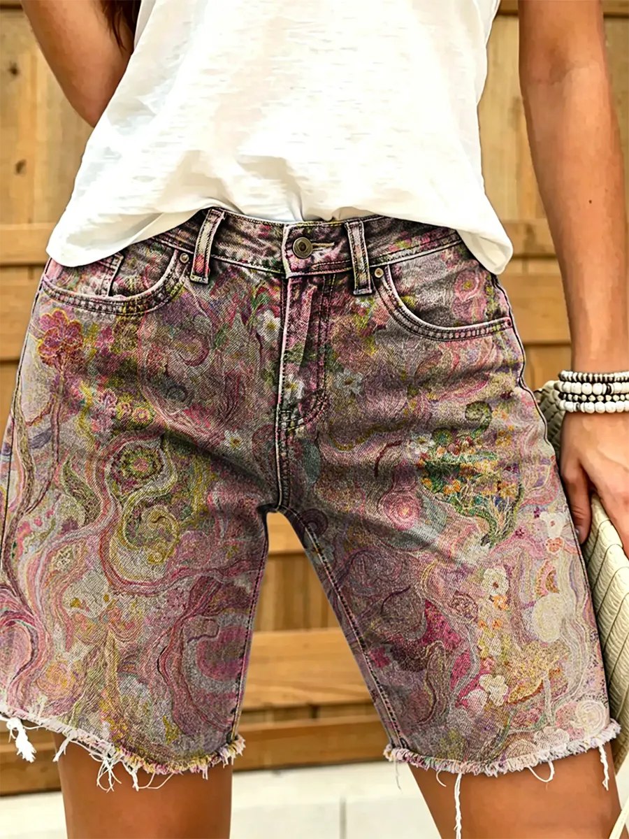 Women's Vintage Floral Print Denim Shorts