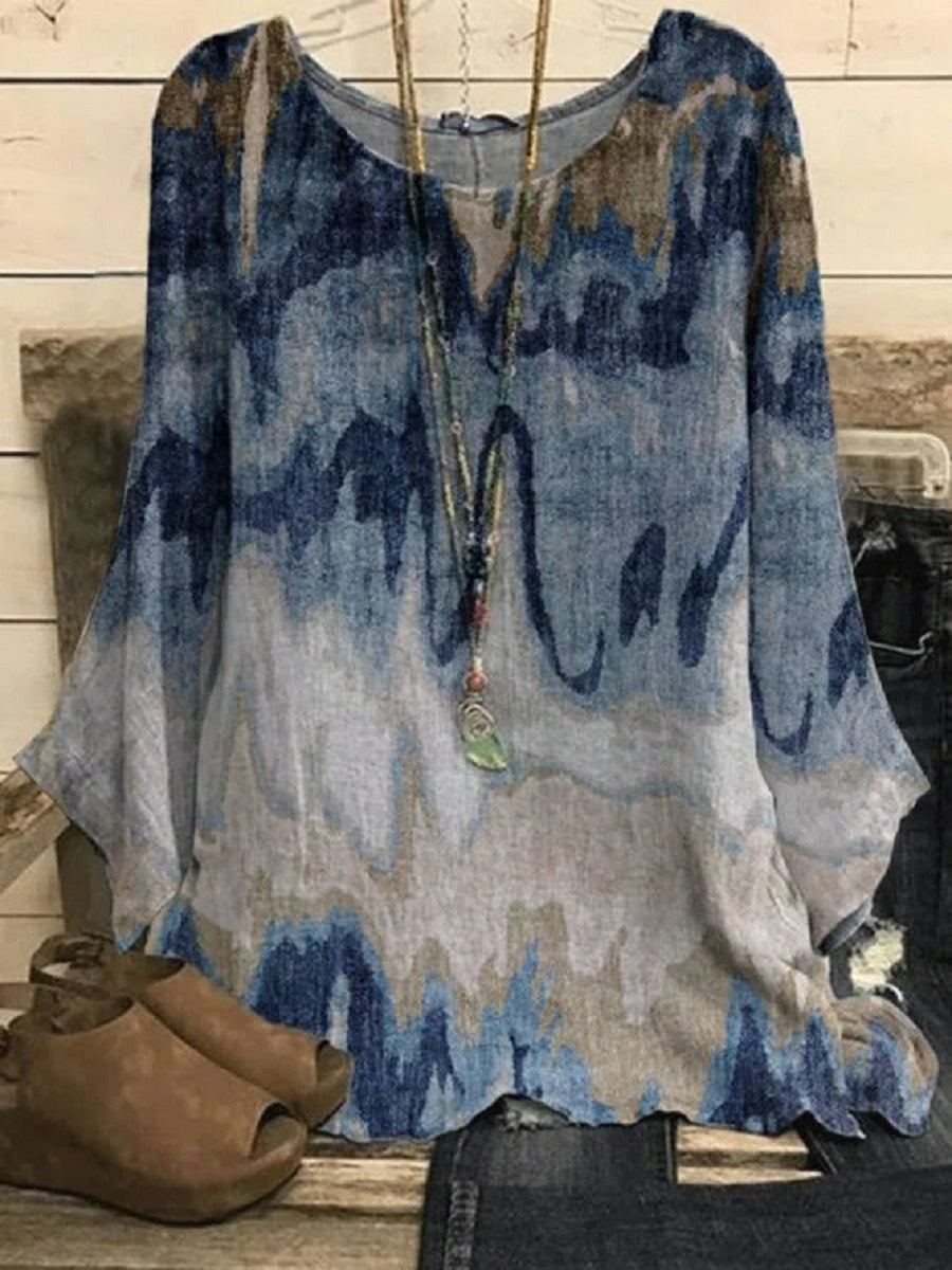 Comfysol Blue Casual Round Neck Printed Long Sleeve Blouse