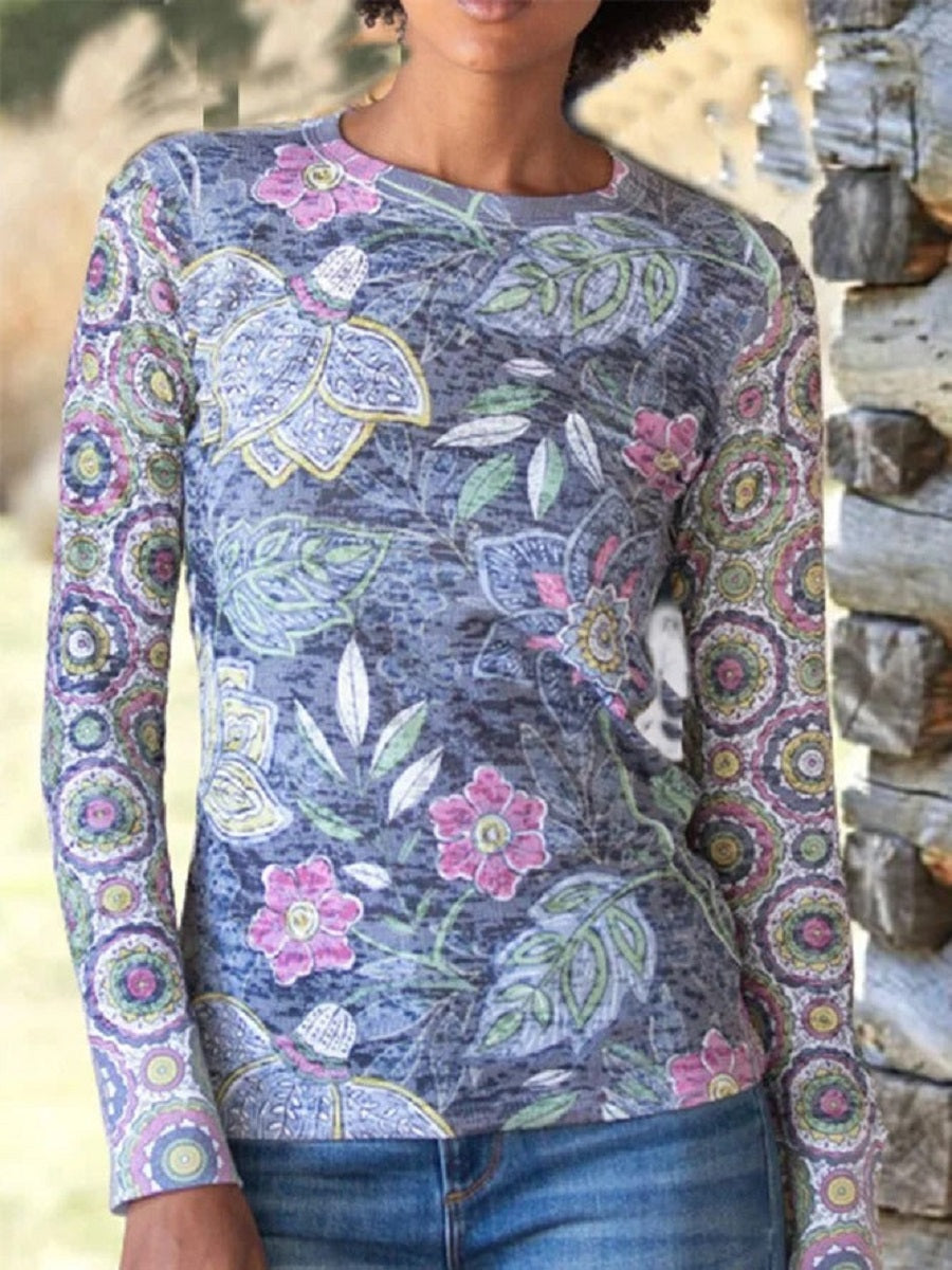 Comfysol Blue Casual Graphic Tops Round Neck Floral Printed Long Sleeve Blouse