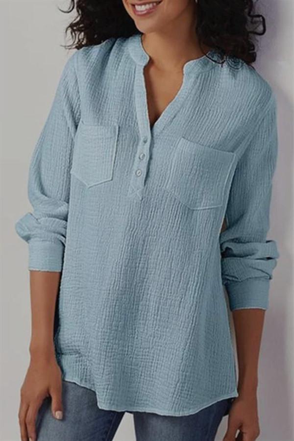 Comfysol Solid Color Long Sleeve V-neck Loose Button Shirt