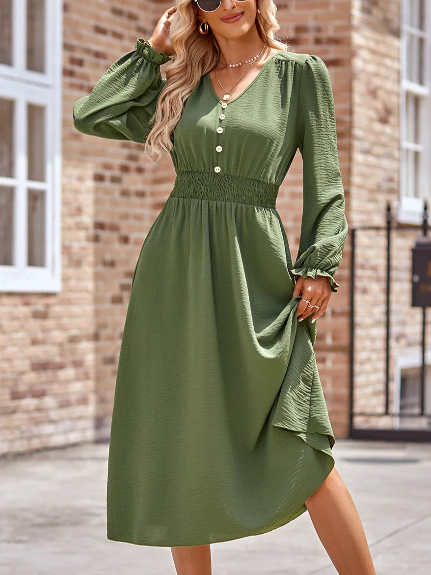 Comfy Elastic Waist V-Neck Long Sleeve Midi Dress