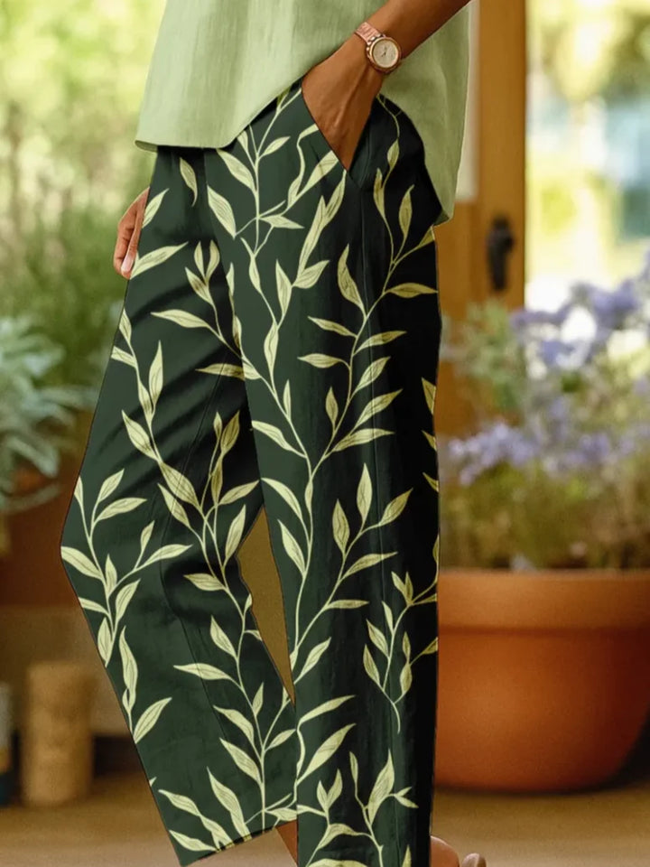 Green Leaf Print Casual Trousers for Spring and Autumn