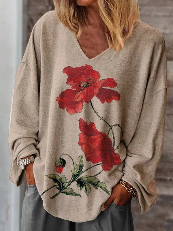 Comfysol Light Khaki Casual V Neck Floral Printed Long Sleeve Blouse