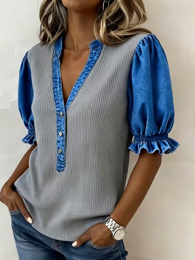 Women'S Casual Color-Block Denim Patchwork Top