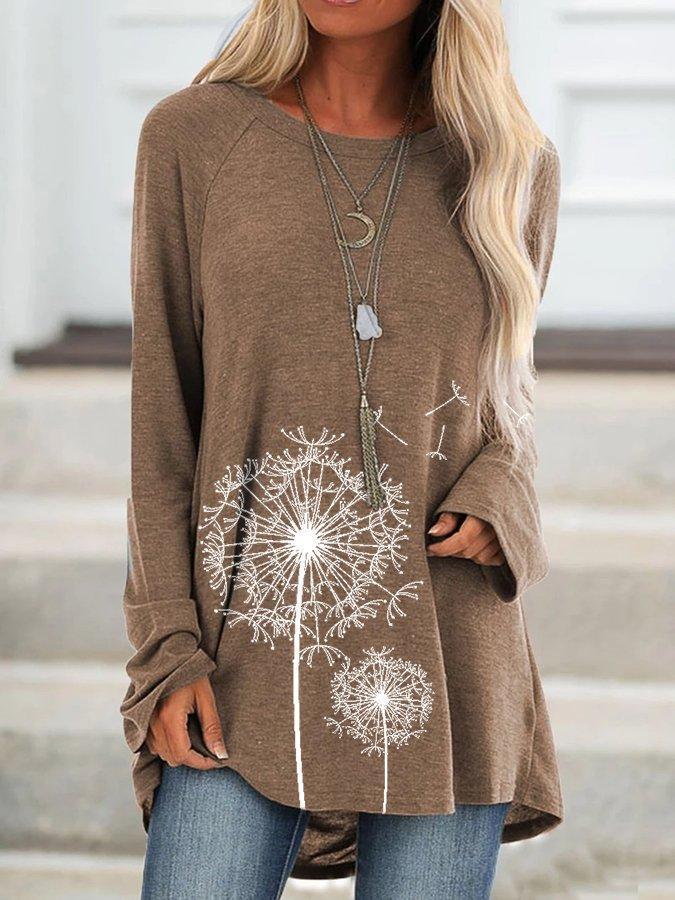 Comfysol Casual Crew Neck Floral Print Long Sleeve Blouse