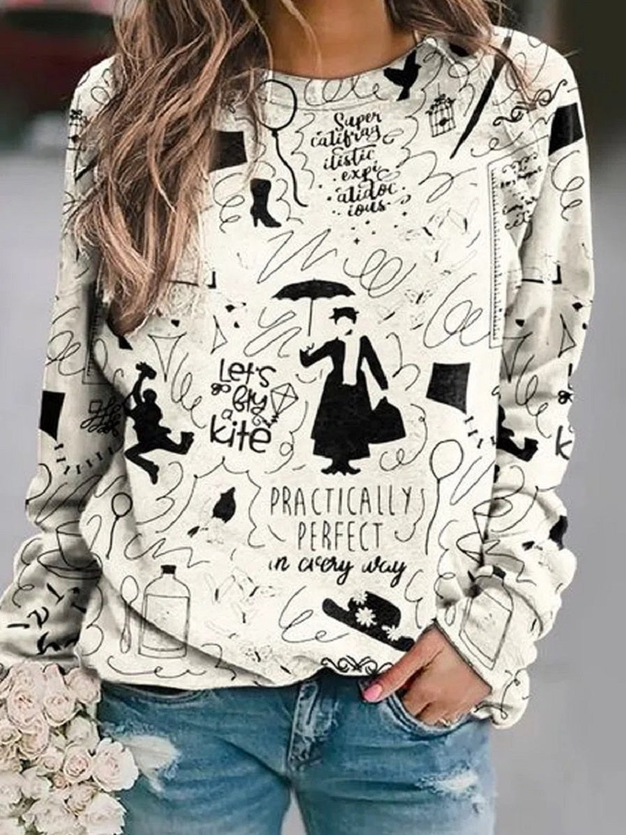 Comfysol White Casual Graphic Tops Round Neck Cartoon Printed Long Sleeve Sweatshirts