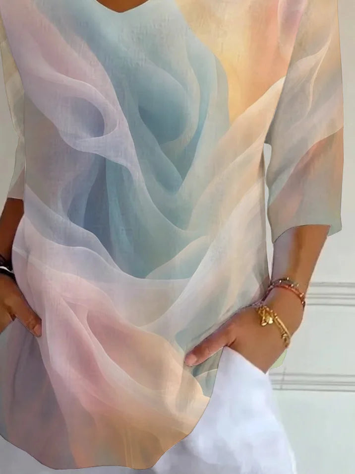 Watercolor Gradient V-Neck Three Quarter Sleeve Top
