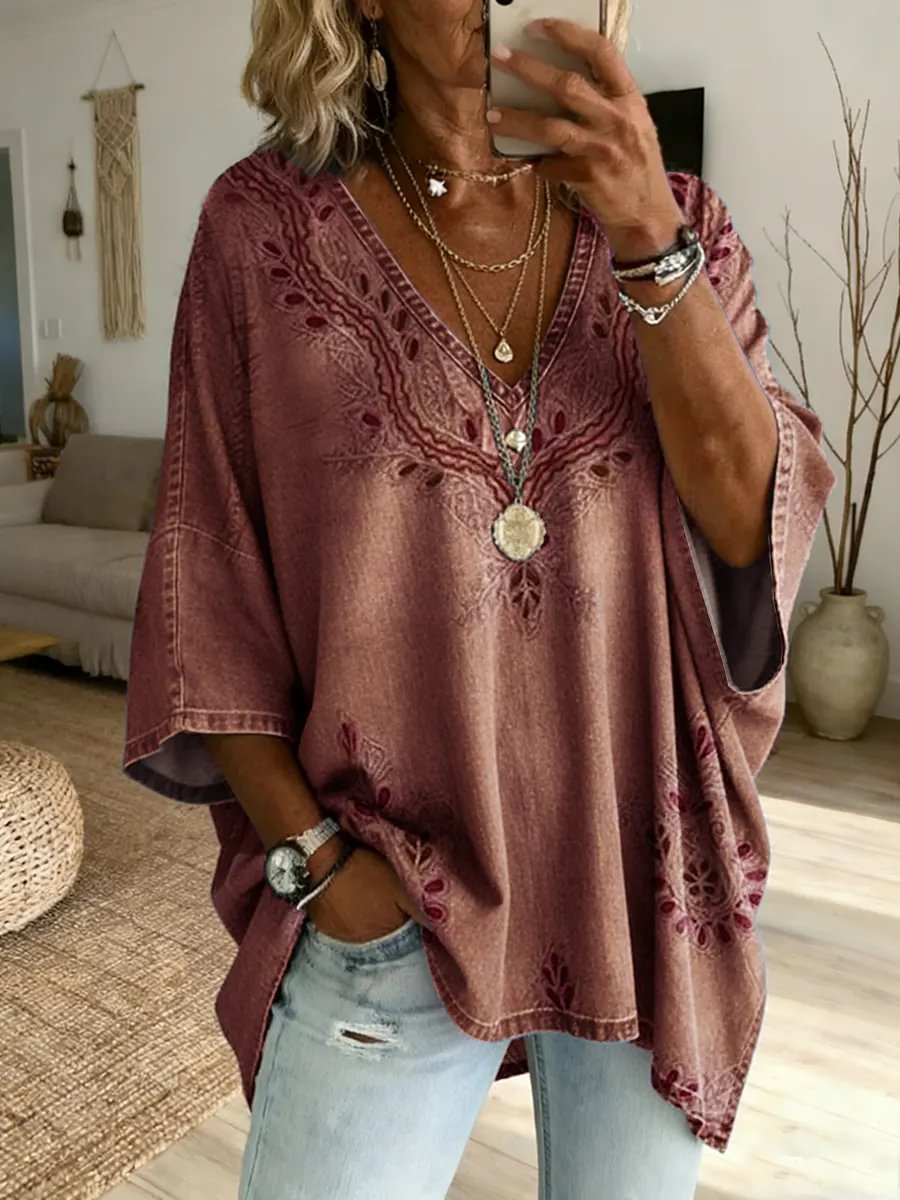 Ethnicity Texture Flowers Women's Art Print Casual Washed Cotton Denim Top