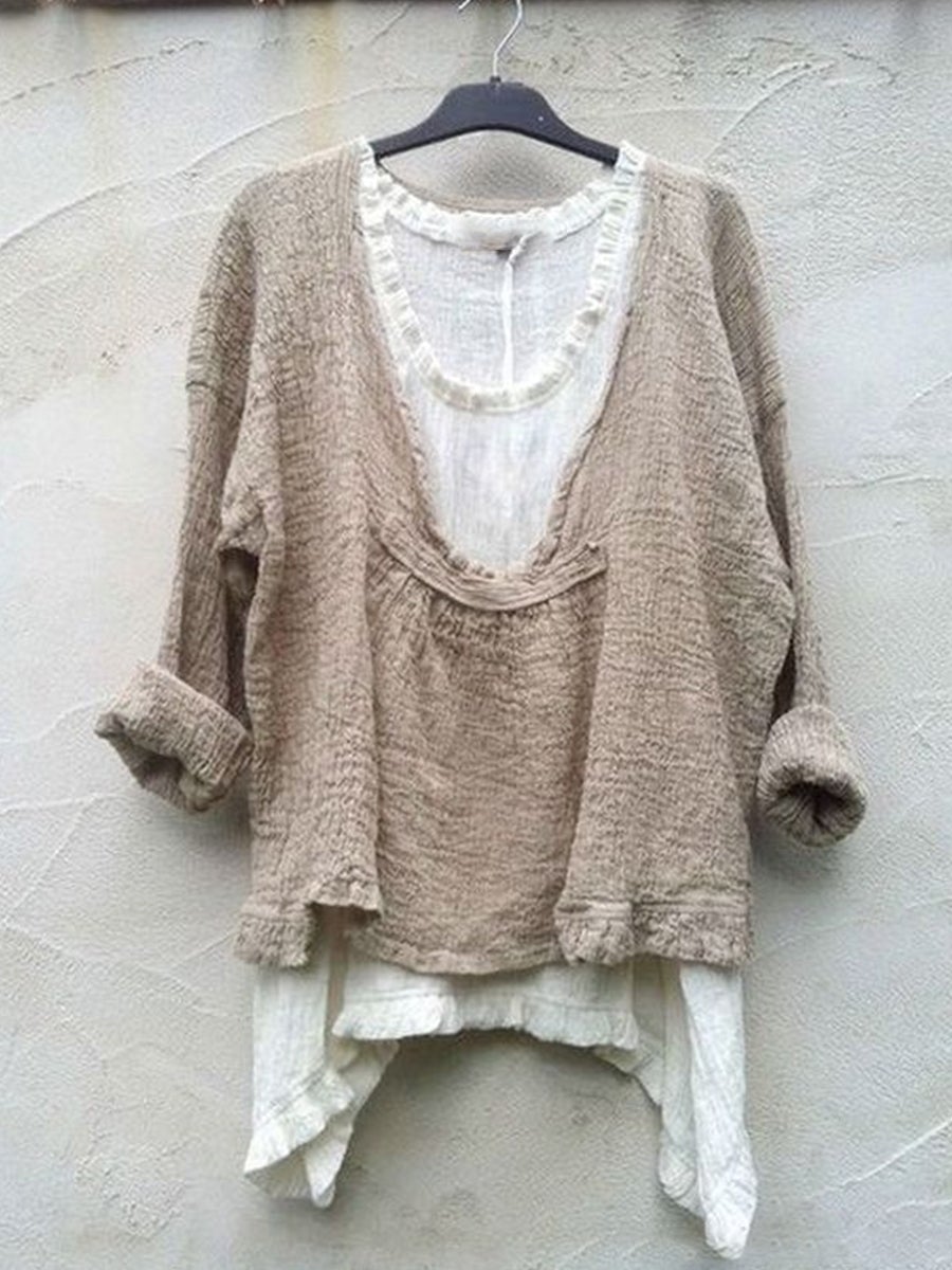 Comfysol Khaki Casual Round Neck Plain Long Sleeve Blouse